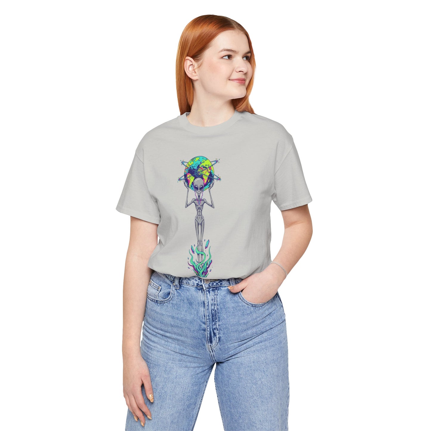 Alien Holding Earth Graphic Tee — Cosmic Sci‑Fi Alien Shirt