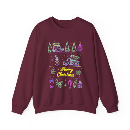 Christmas Crewneck Sweatshirt — Neon Holiday Tree "Merry Christmas" Design