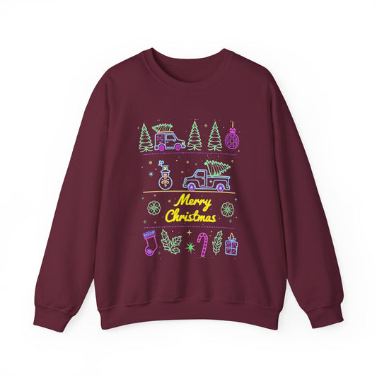Christmas Crewneck Sweatshirt — Neon Holiday Tree "Merry Christmas" Design