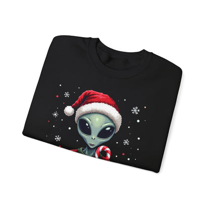Alien Christmas Sweatshirt — Cute Santa Alien in Candy Cane Sweater