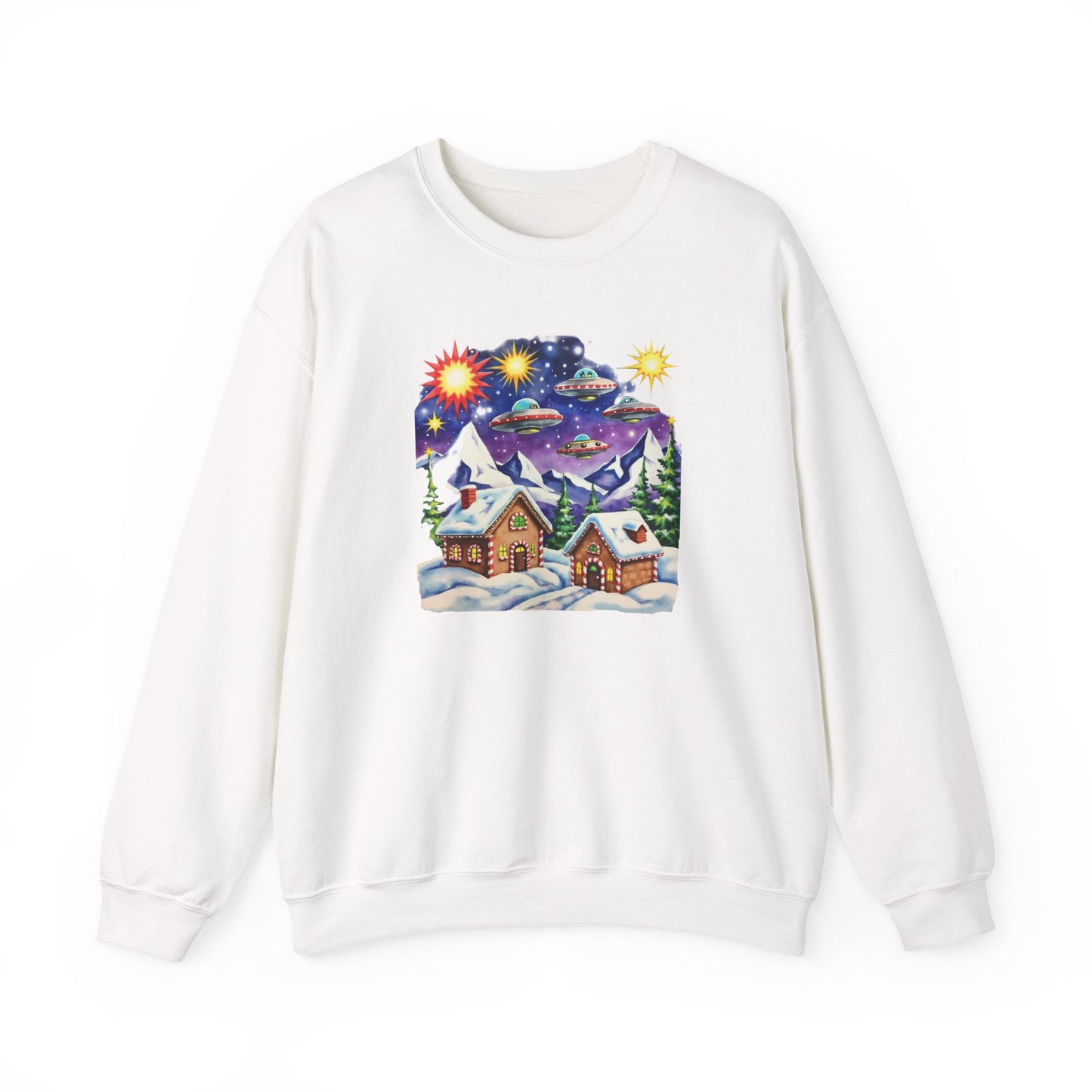 Crewneck Sweatshirt — Cozy Winter Cabin with UFO Nightscape