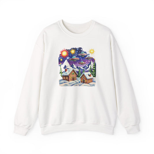 Crewneck Sweatshirt — Cozy Winter Cabin with UFO Nightscape