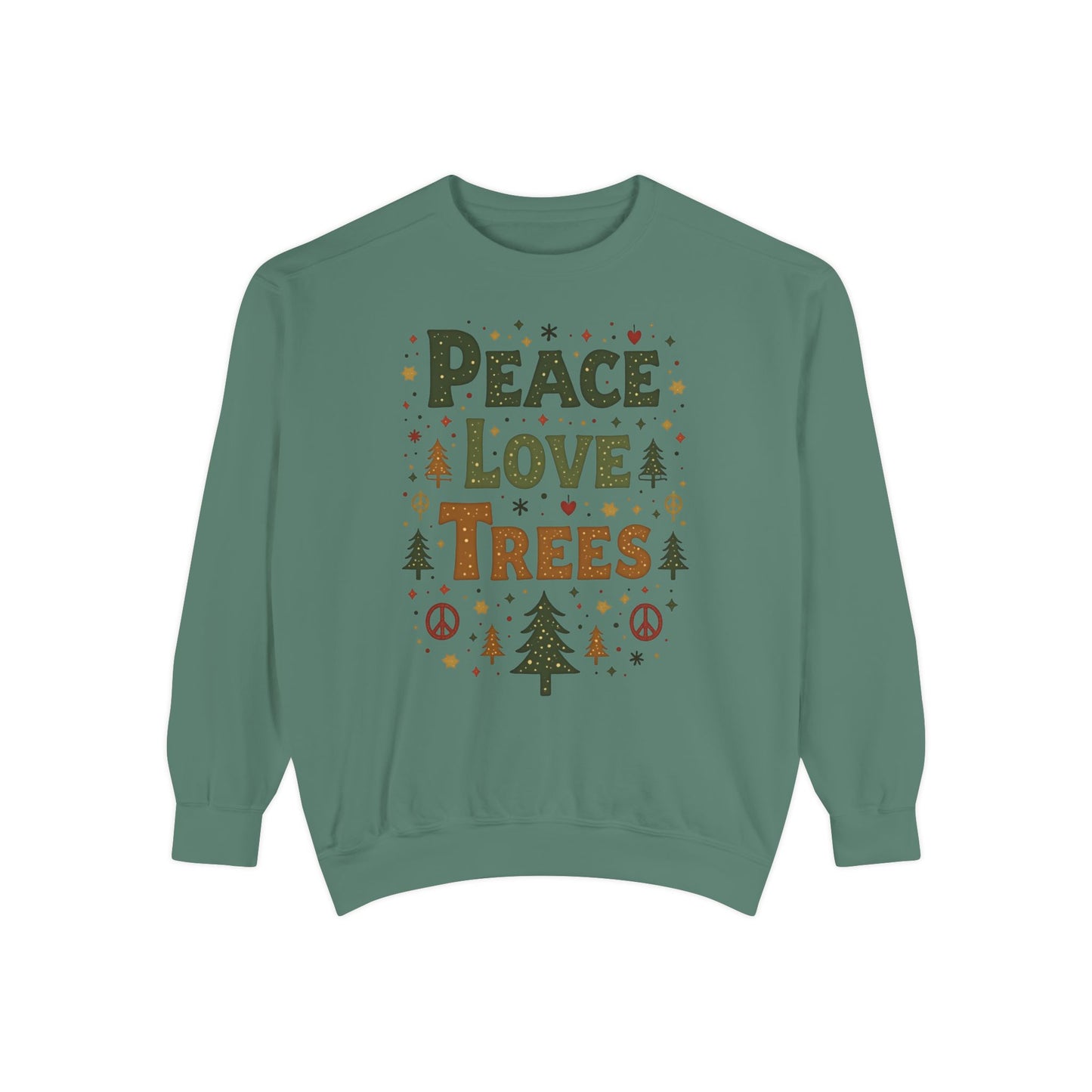Peace Love Trees Sweatshirt — Eco Holiday Tree Graphic Sweatshirt