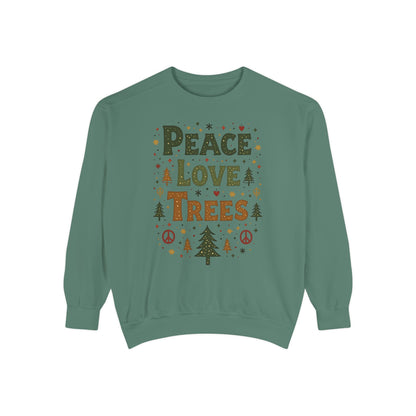 Peace Love Trees Sweatshirt — Eco Holiday Tree Graphic Sweatshirt