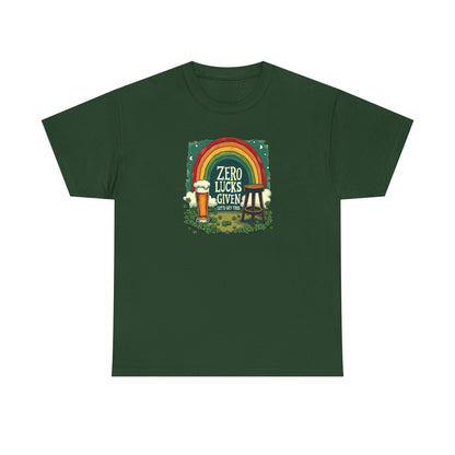 St. Patrick’s Day Tee — "Zero Lucks Given" Rainbow & Beer Graphic T-Shirt