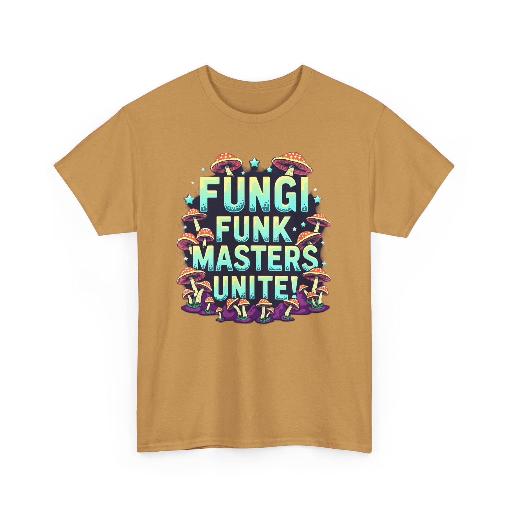Fungi Funk Masters Unite Unisex Heavy Cotton Tee - Playful Mushroom Graphic T-Shirt - Psychonaut Swag