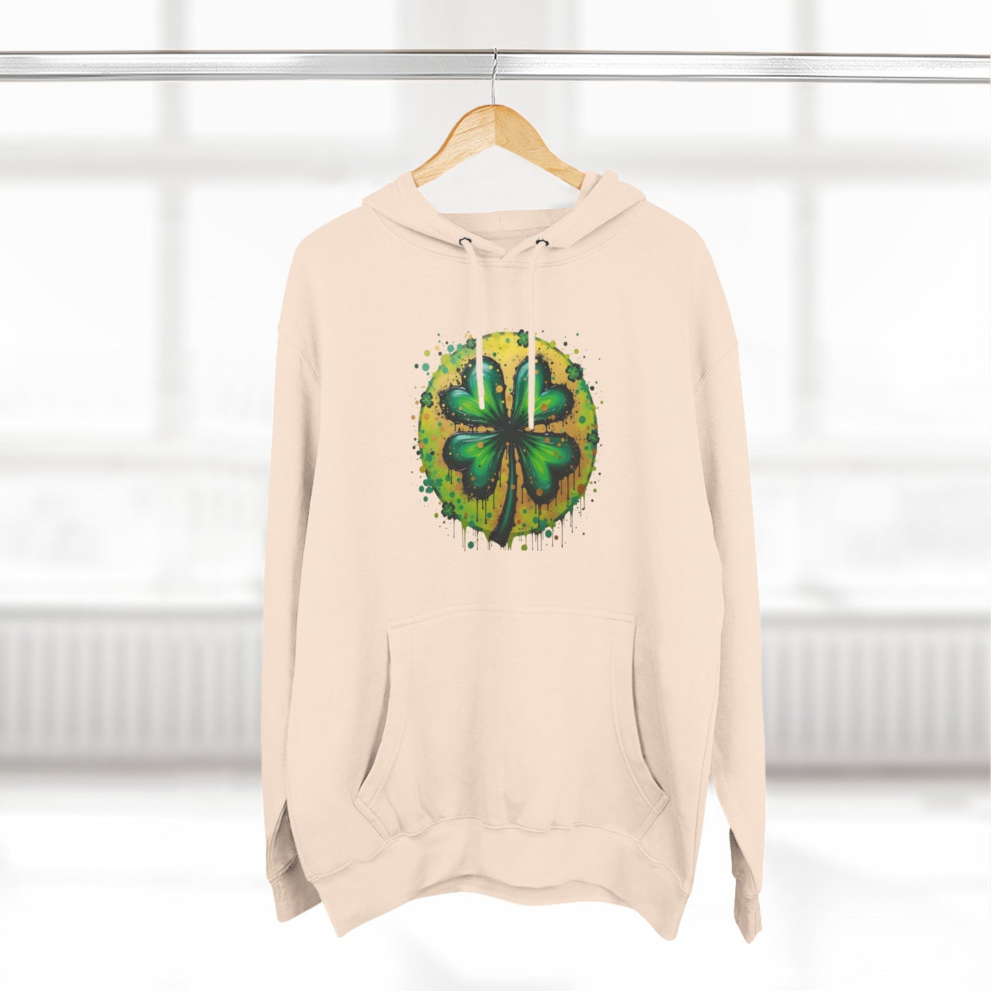 St. Patrick's Watercolor Shamrock Hoodie — Green Four-Leaf Luck Pullover