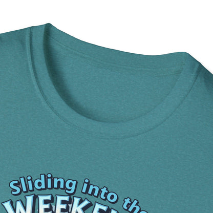 Sliding Penguin, Weekend Vibes T-Shirt, Funny Graphic Tee, Penguin Design Shirt, Casual Apparel, Unisex Softstyle T-Shirt - Psychonaut Swag