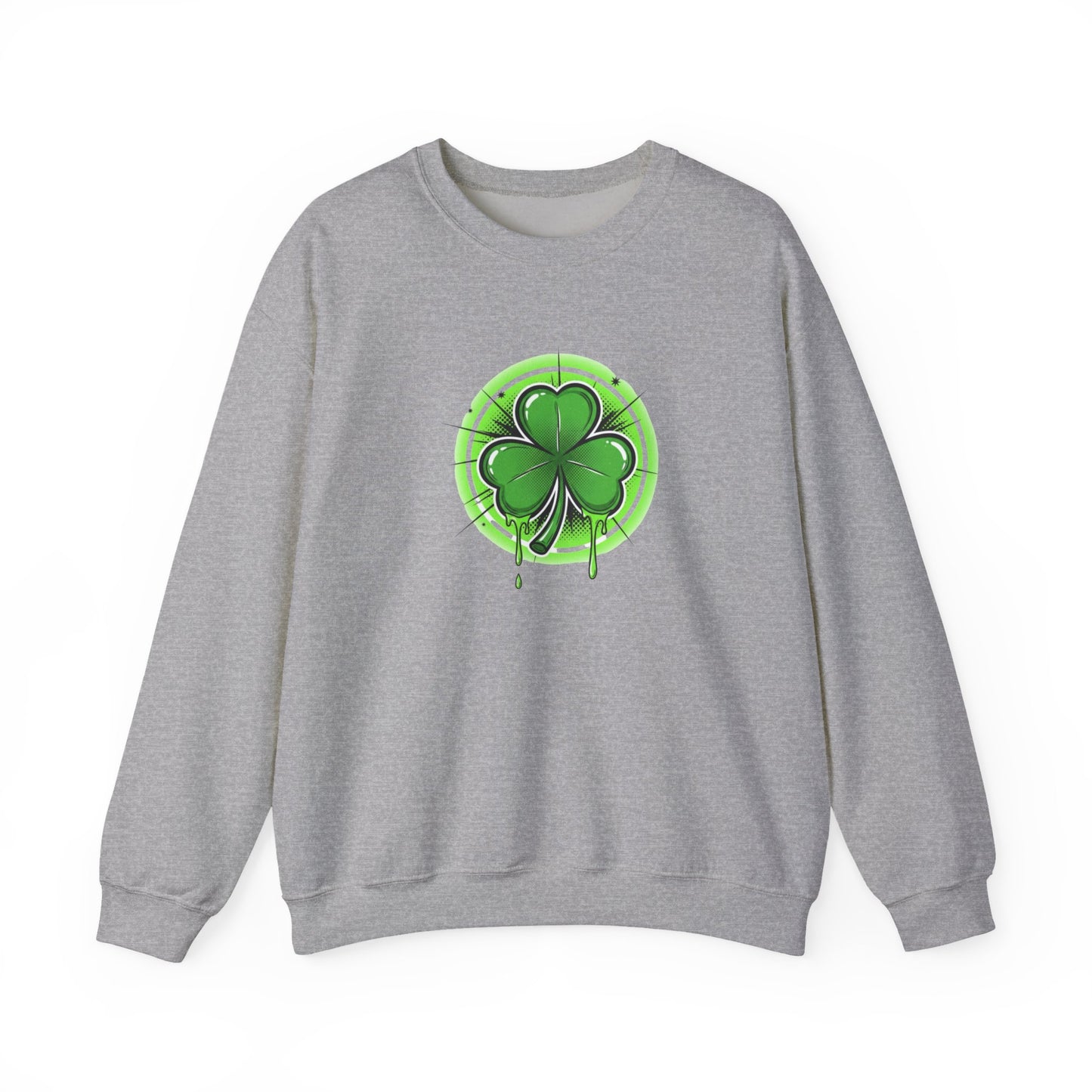 Oozing with Luck, Four-Leaf Clover Crewneck Sweatshirt — Neon Lucky Shamrock St. Patrick’s Day Pullover