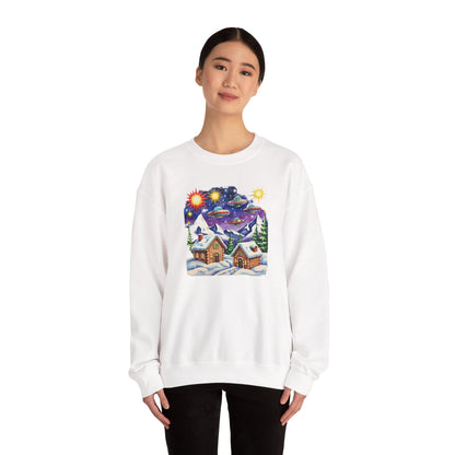 Crewneck Sweatshirt — Cozy Winter Cabin with UFO Nightscape