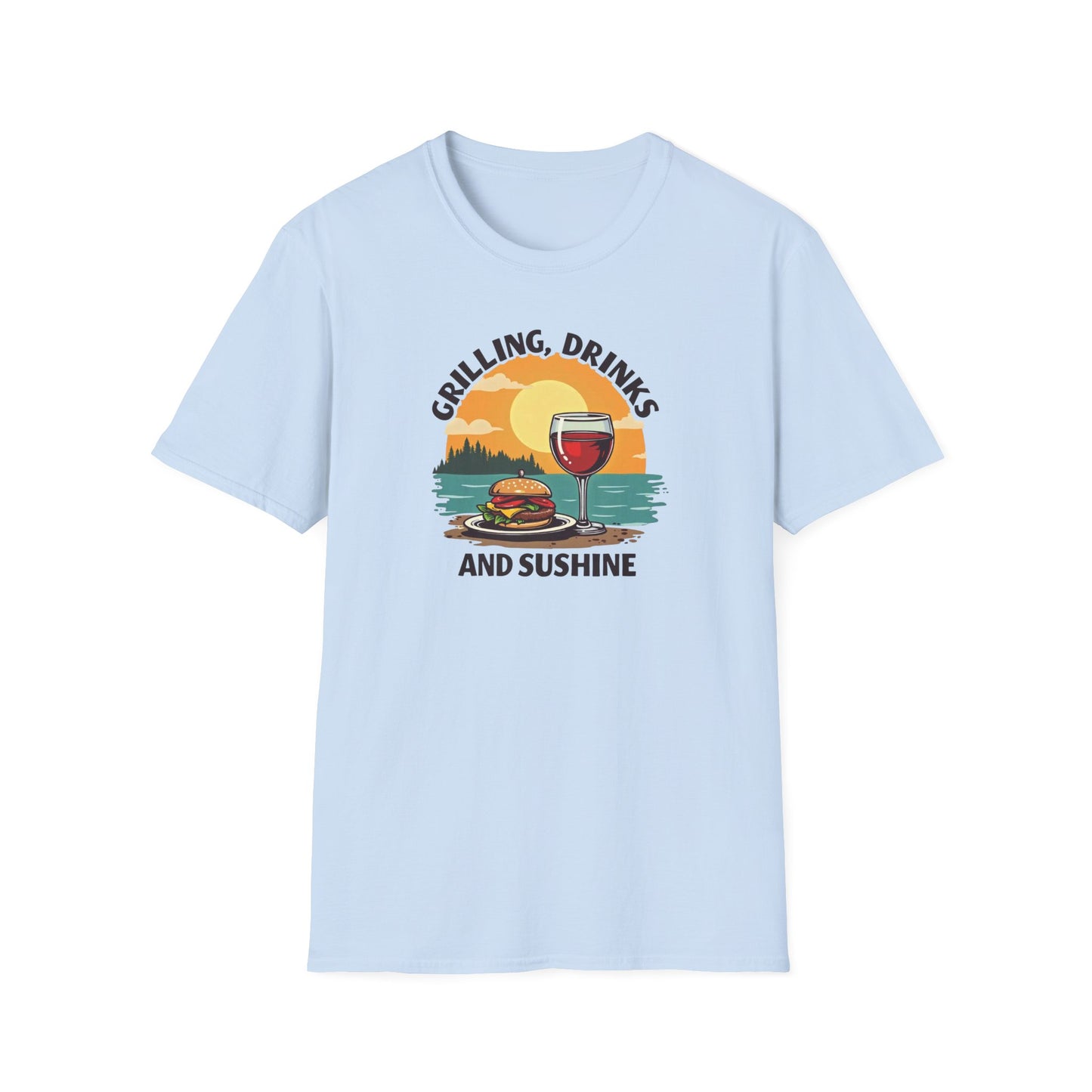 T-Shirt — Grilling, Drinks and Sunshine Retro Sunset BBQ Wine Tee