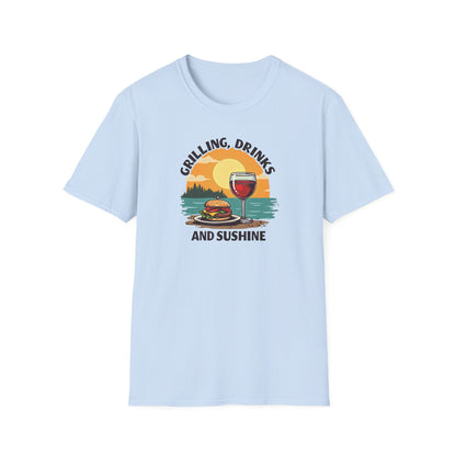 T-Shirt — Grilling, Drinks and Sunshine Retro Sunset BBQ Wine Tee