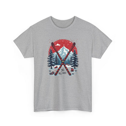Ski All Day T-Shirt – Vintage Mountain Skis, Trees & Snow Graphic