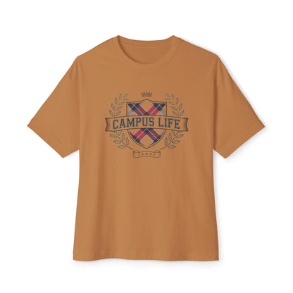 Campus Life Plaid Crest Tee — Oversized Boxy College T-Shirt