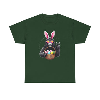 Easter Sasquatch Peace Sign T-Shirt — Cool Black Bunny with Egg Basket