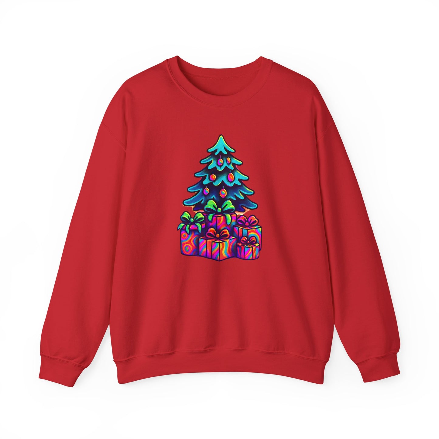 Psychedelic Christmas Tree Sweatshirt — Colorful Holiday Tree with Gifts Crewneck