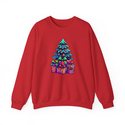 Psychedelic Christmas Tree Sweatshirt — Colorful Holiday Tree with Gifts Crewneck