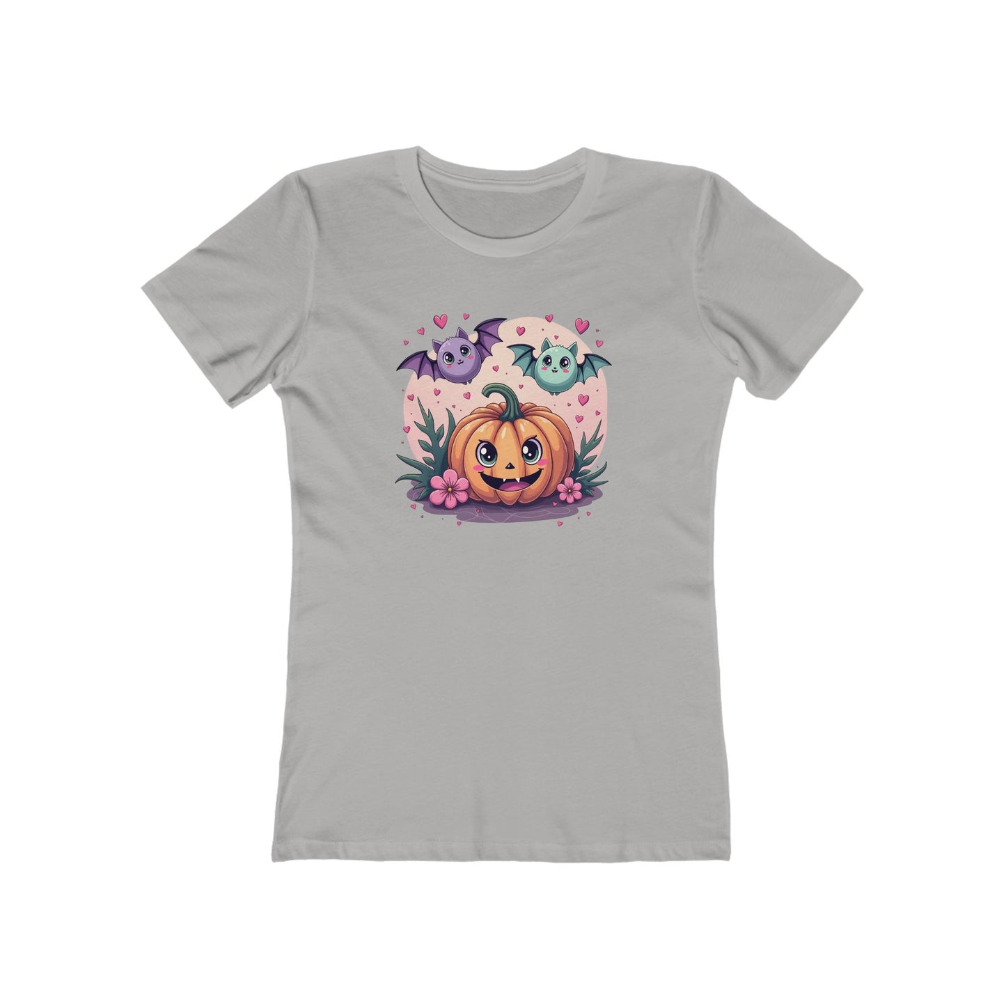 Cute Halloween Pumpkin Tee for Women — Kawaii Ghosts & Bat Graphic