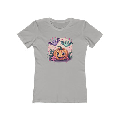 Cute Halloween Pumpkin Tee for Women — Kawaii Ghosts & Bat Graphic