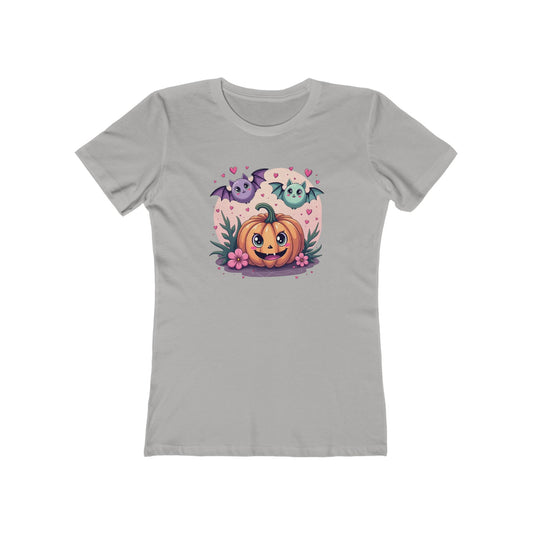 Cute Halloween Pumpkin Tee for Women — Kawaii Ghosts & Bat Graphic
