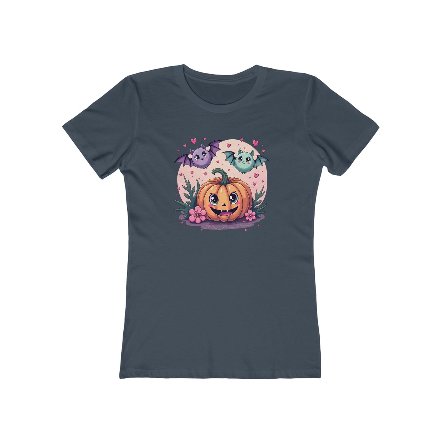Cute Halloween Pumpkin Tee for Women — Kawaii Ghosts & Bat Graphic