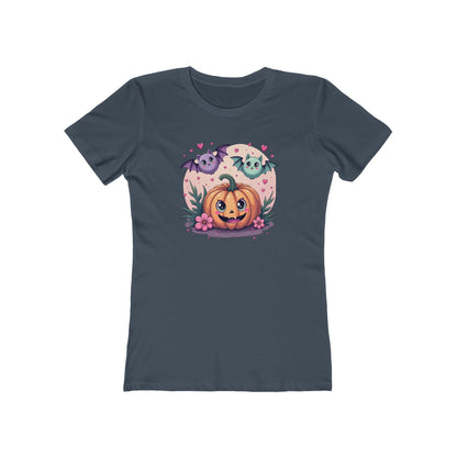 Cute Halloween Pumpkin Tee for Women — Kawaii Ghosts & Bat Graphic