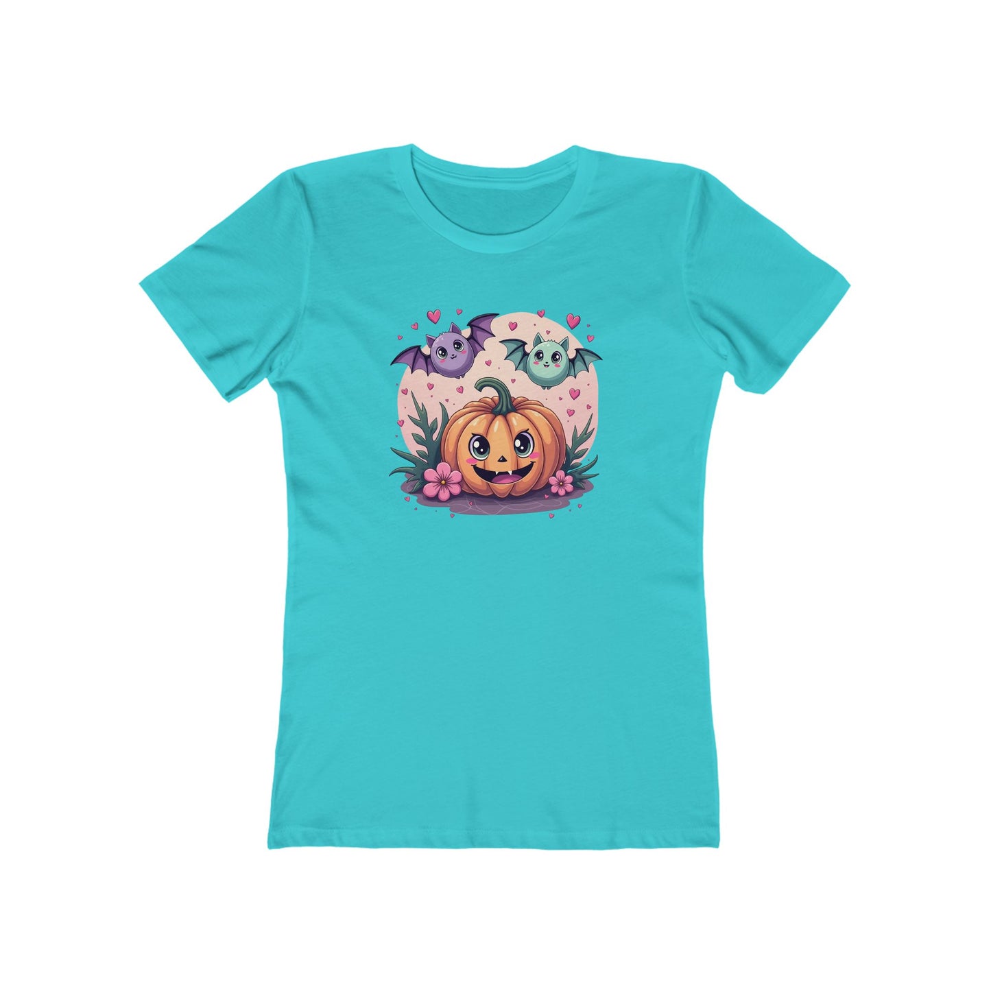 Cute Halloween Pumpkin Tee for Women — Kawaii Ghosts & Bat Graphic