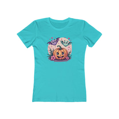 Cute Halloween Pumpkin Tee for Women — Kawaii Ghosts & Bat Graphic