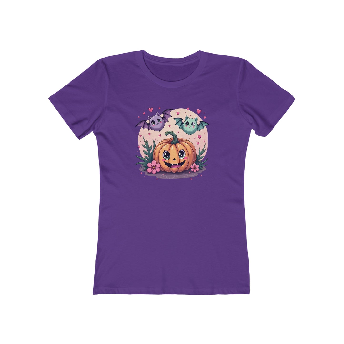 Cute Halloween Pumpkin Tee for Women — Kawaii Ghosts & Bat Graphic