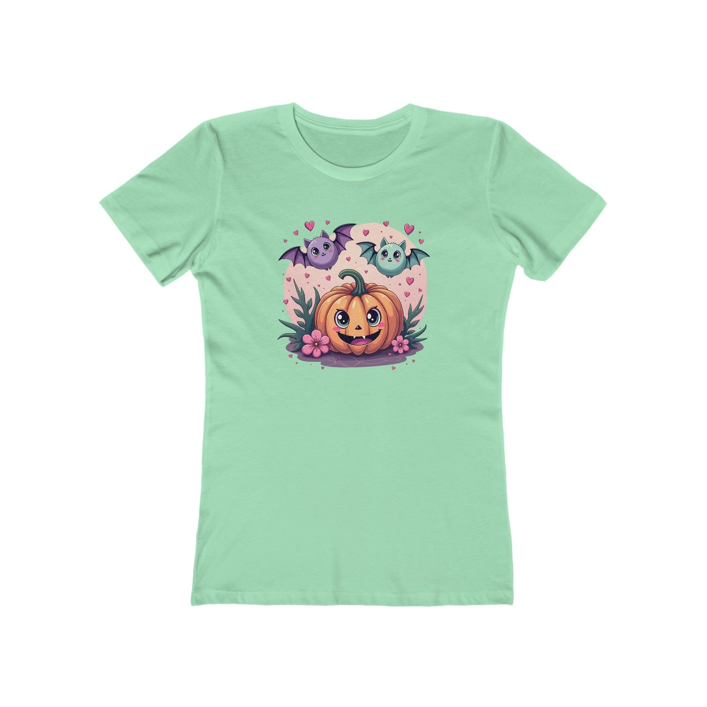 Cute Halloween Pumpkin Tee for Women — Kawaii Ghosts & Bat Graphic