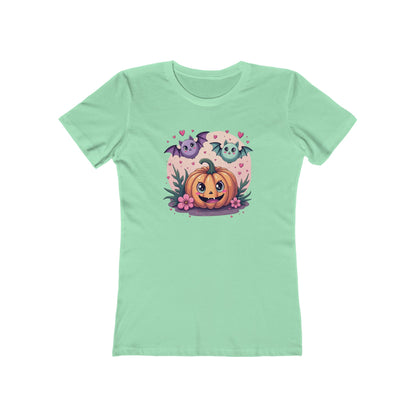 Cute Halloween Pumpkin Tee for Women — Kawaii Ghosts & Bat Graphic
