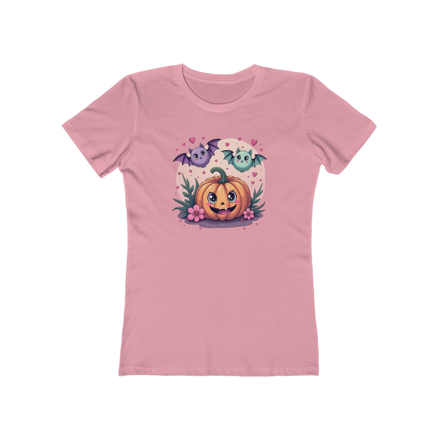 Cute Halloween Pumpkin Tee for Women — Kawaii Ghosts & Bat Graphic
