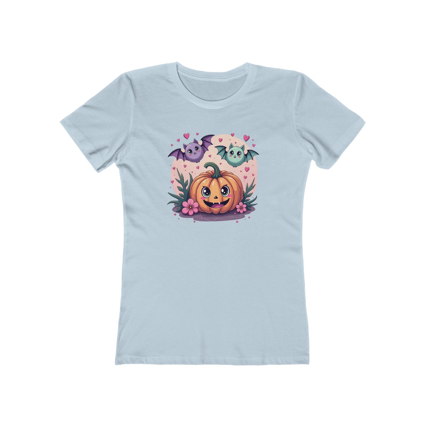 Cute Halloween Pumpkin Tee for Women — Kawaii Ghosts & Bat Graphic