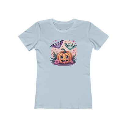 Cute Halloween Pumpkin Tee for Women — Kawaii Ghosts & Bat Graphic