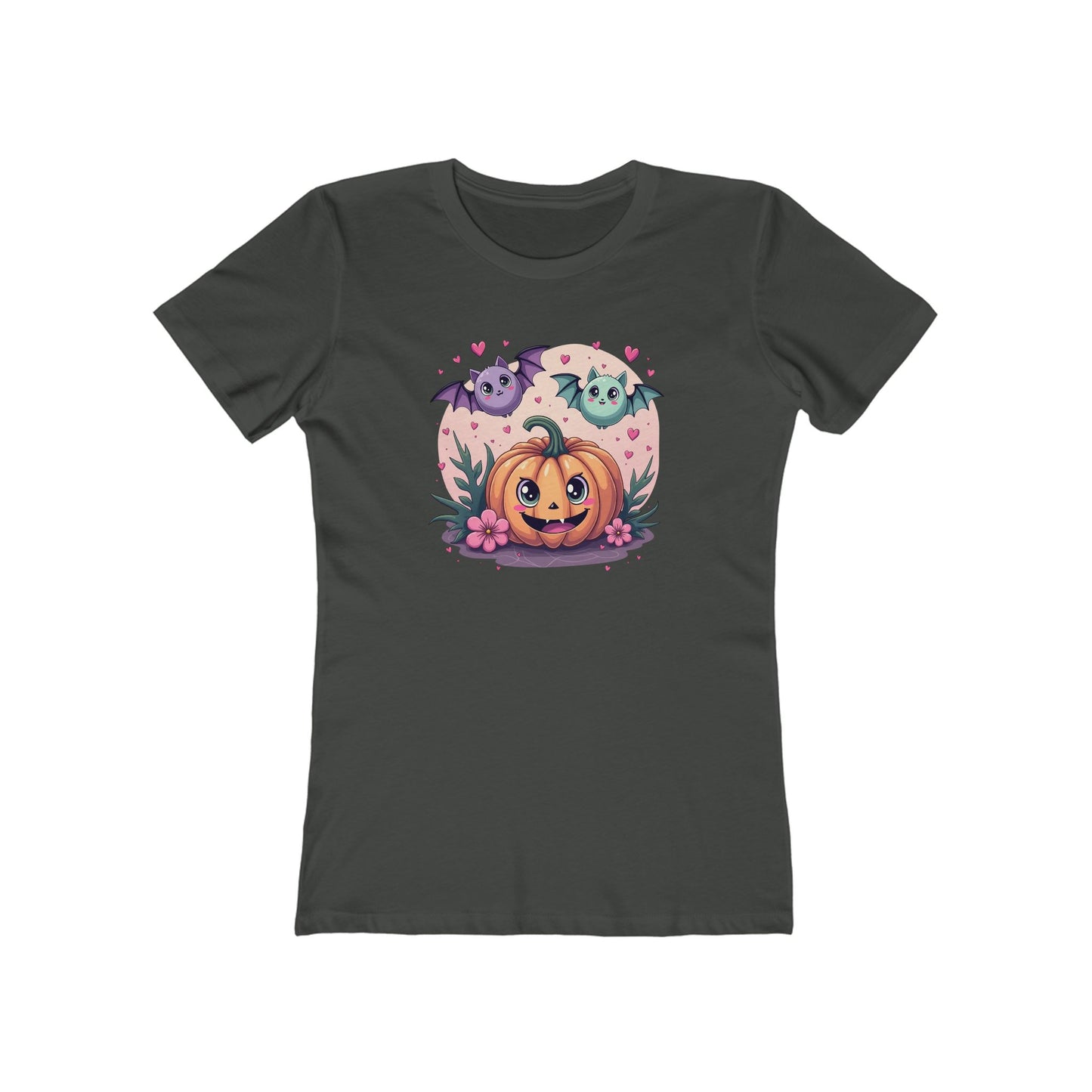 Cute Halloween Pumpkin Tee for Women — Kawaii Ghosts & Bat Graphic