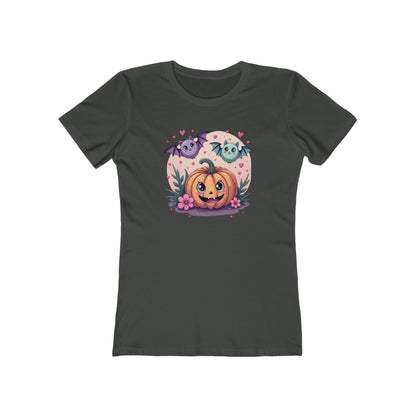 Cute Halloween Pumpkin Tee for Women — Kawaii Ghosts & Bat Graphic