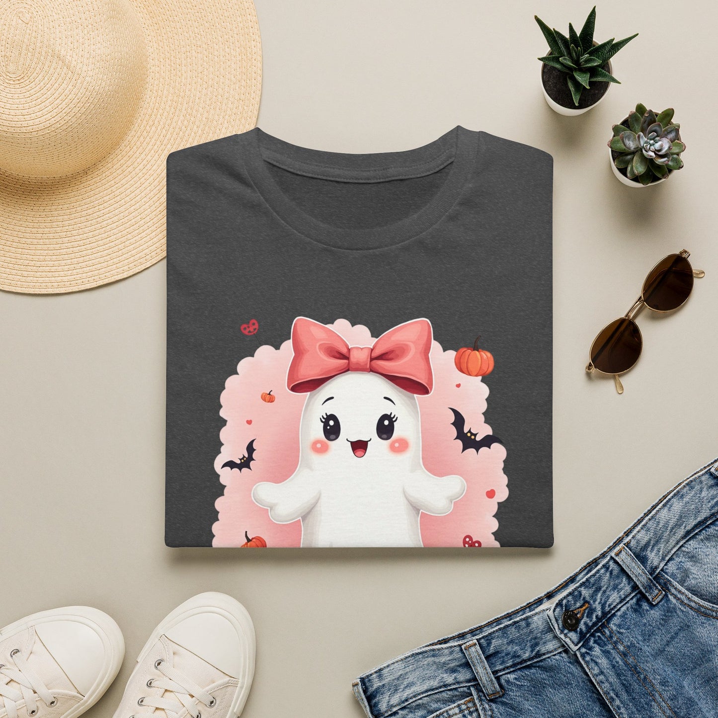 Cute Halloween Ghost T-Shirt — Pink Bow Ghost with Pumpkins & Bats
