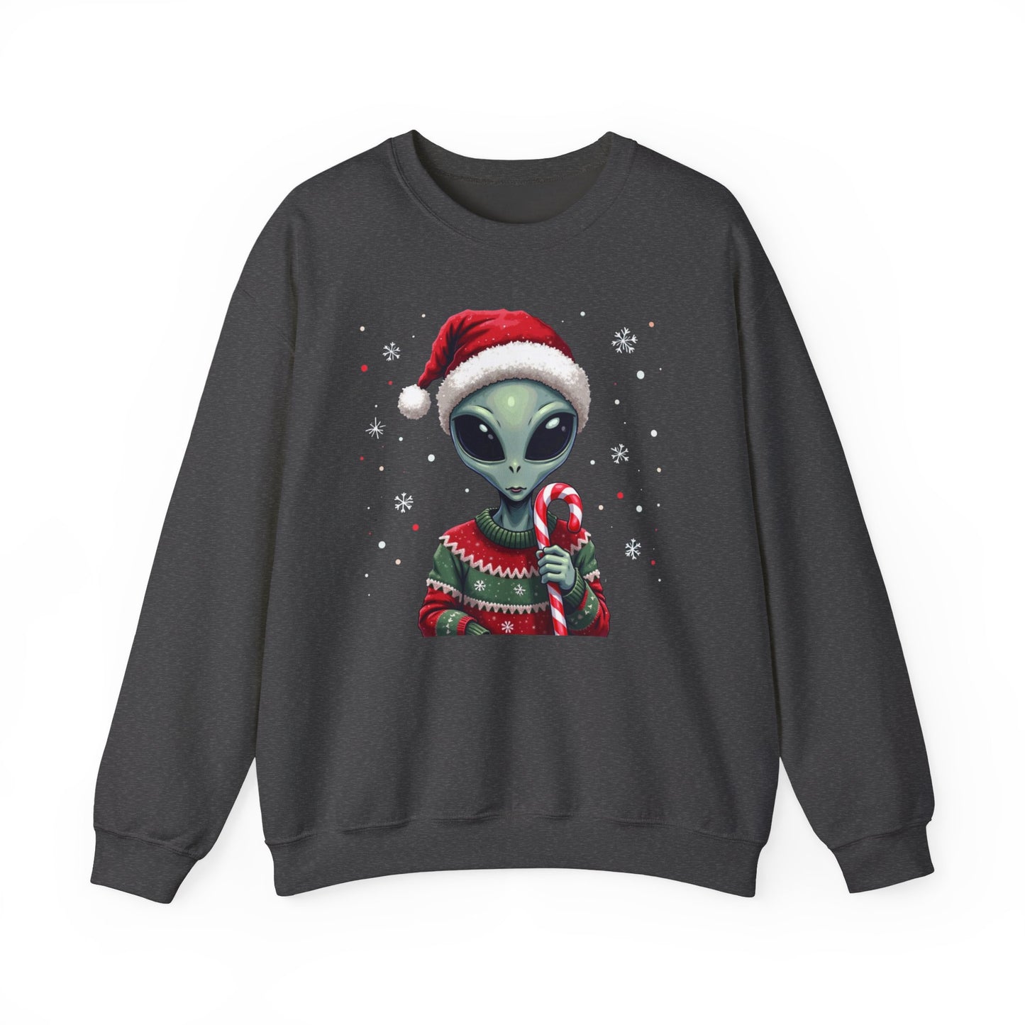 Alien Christmas Sweatshirt — Cute Santa Alien in Candy Cane Sweater