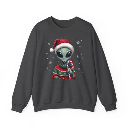 Alien Christmas Sweatshirt — Cute Santa Alien in Candy Cane Sweater