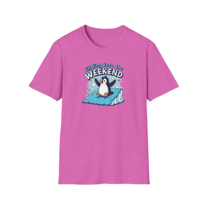 Sliding Penguin, Weekend Vibes T-Shirt, Funny Graphic Tee, Penguin Design Shirt, Casual Apparel, Unisex Softstyle T-Shirt - Psychonaut Swag