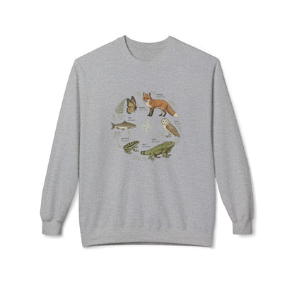 Wildlife Circle Crewneck Sweatshirt — Forest Fox, Owl & Frog Nature Illustration