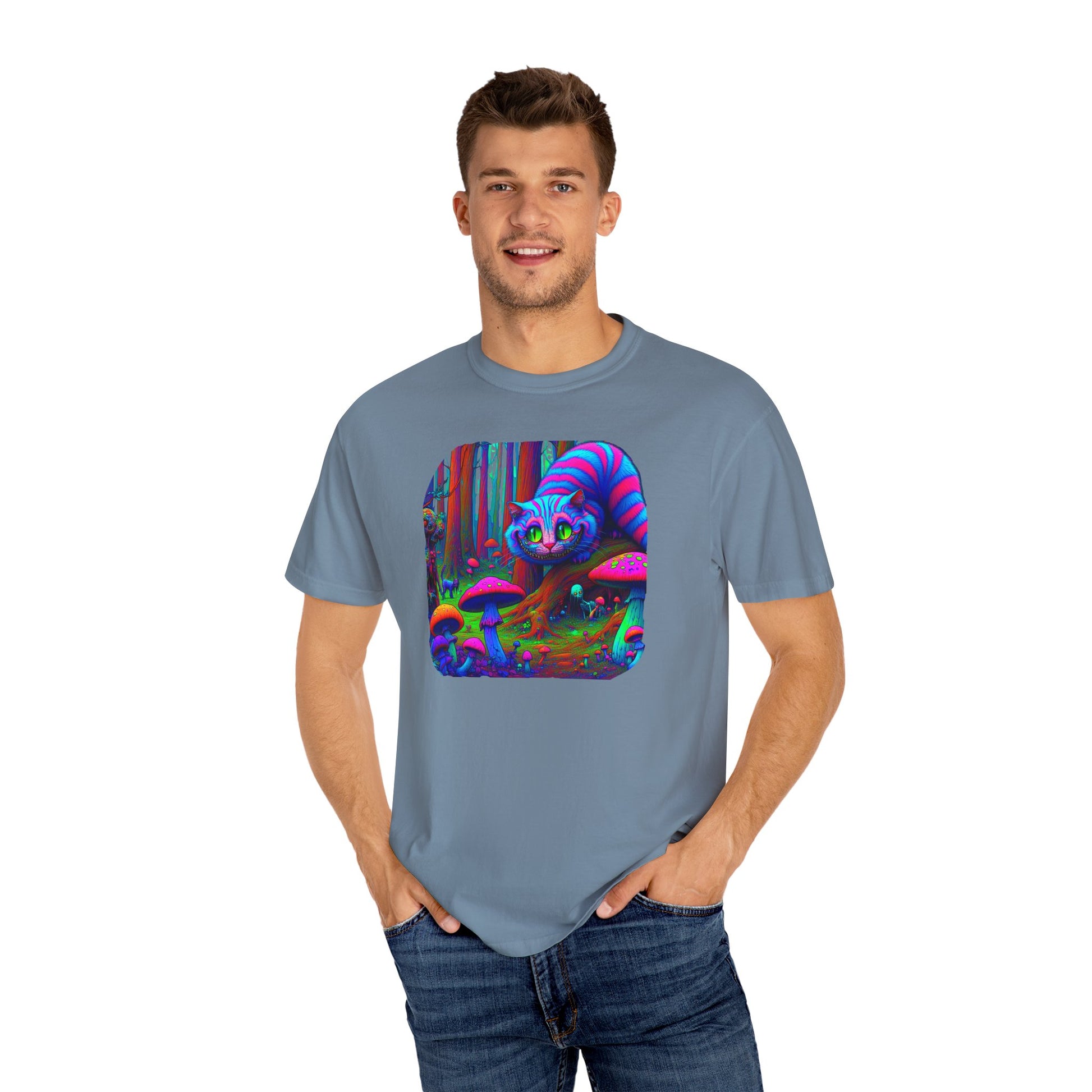 Curious Cat with mushrooms, Unisex Garment-Dyed T-shirt - Psychonaut Swag