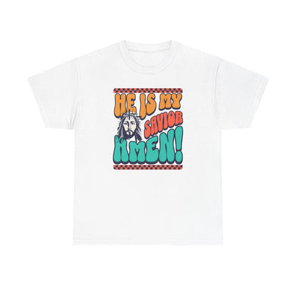 Christian T-Shirt – "He Is My Savior Amen!" Retro Jesus Graphic Tee