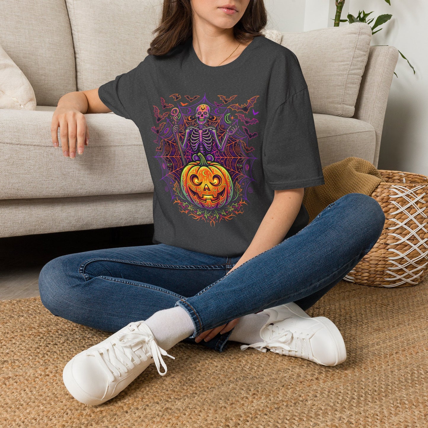 Skeleton Sorcerer Halloween T-Shirt — Jack-O'-Lantern & Bats Spooky Tee