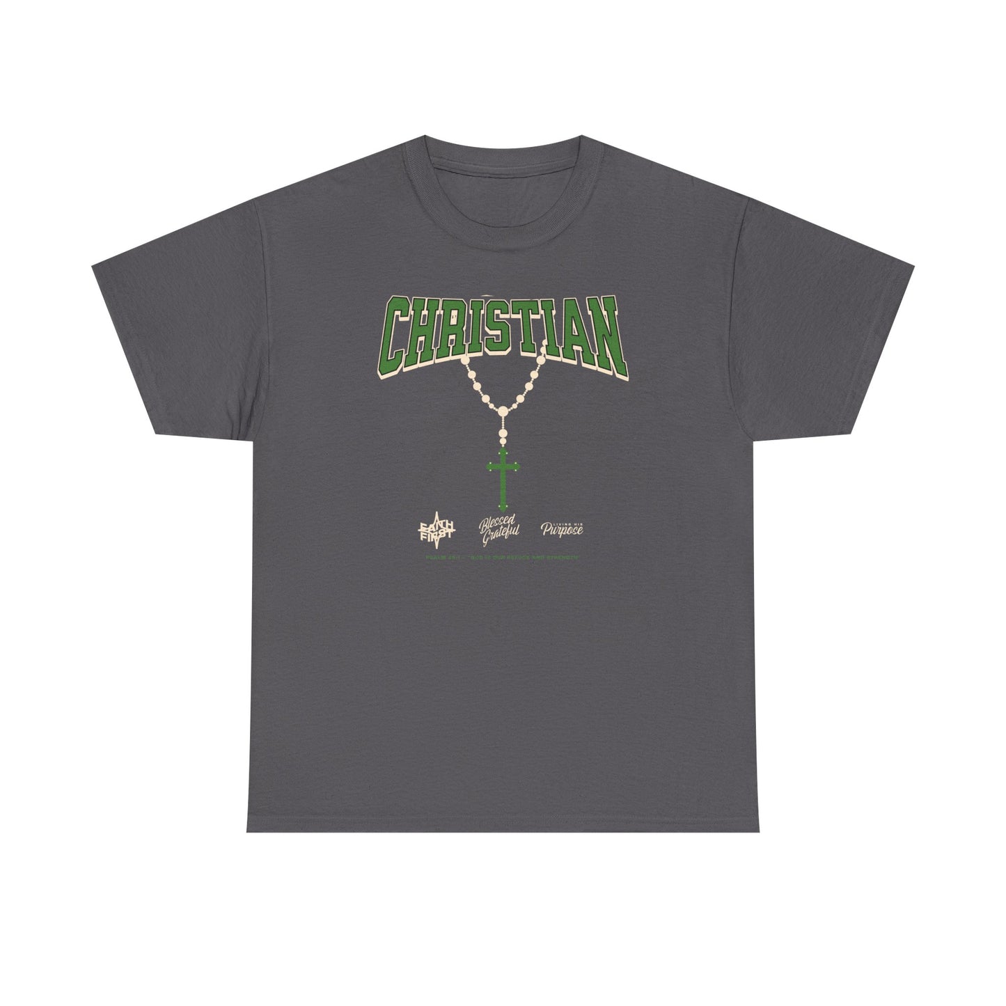 Christian Graphic Tee — Green Rosary Cross Shirt