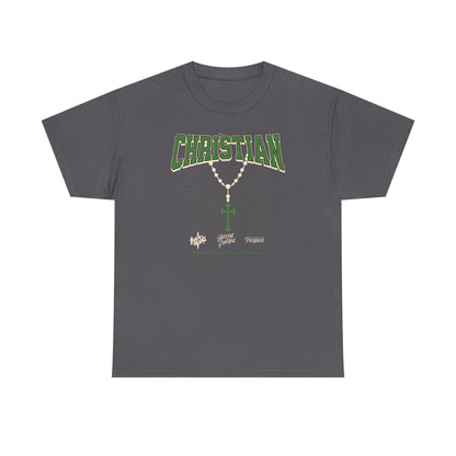 Christian Graphic Tee — Green Rosary Cross Shirt
