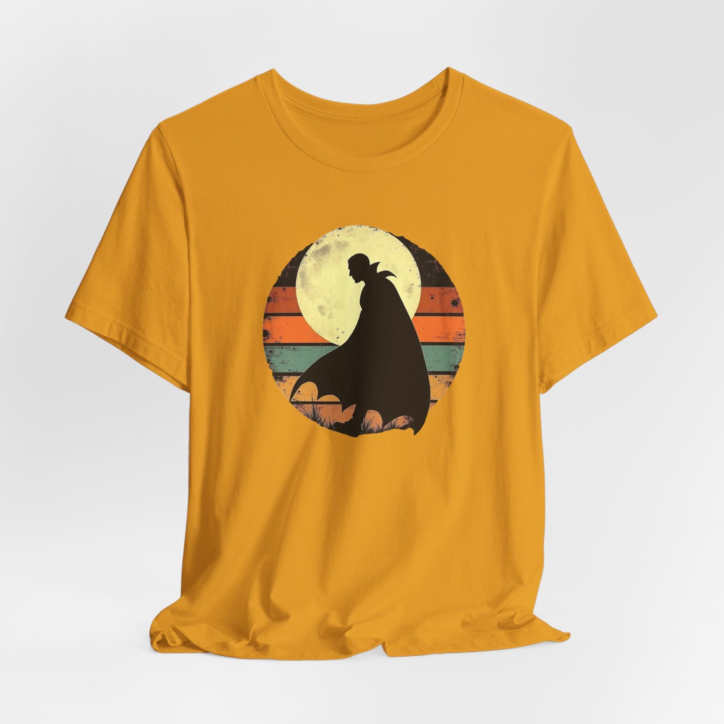 Vampire Silhouette Moon Tee — Retro Sunset Gothic Halloween T-Shirt