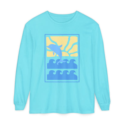Sunset Dolphin Unisex Garment-dyed Long Sleeve T-Shirt - Psychonaut Swag