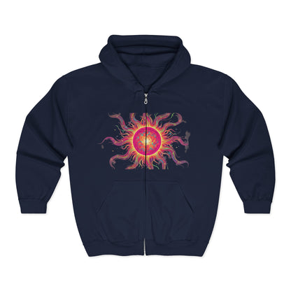 Sunburst Zip Hoodie — Vibrant Psychedelic Sun Graphic
