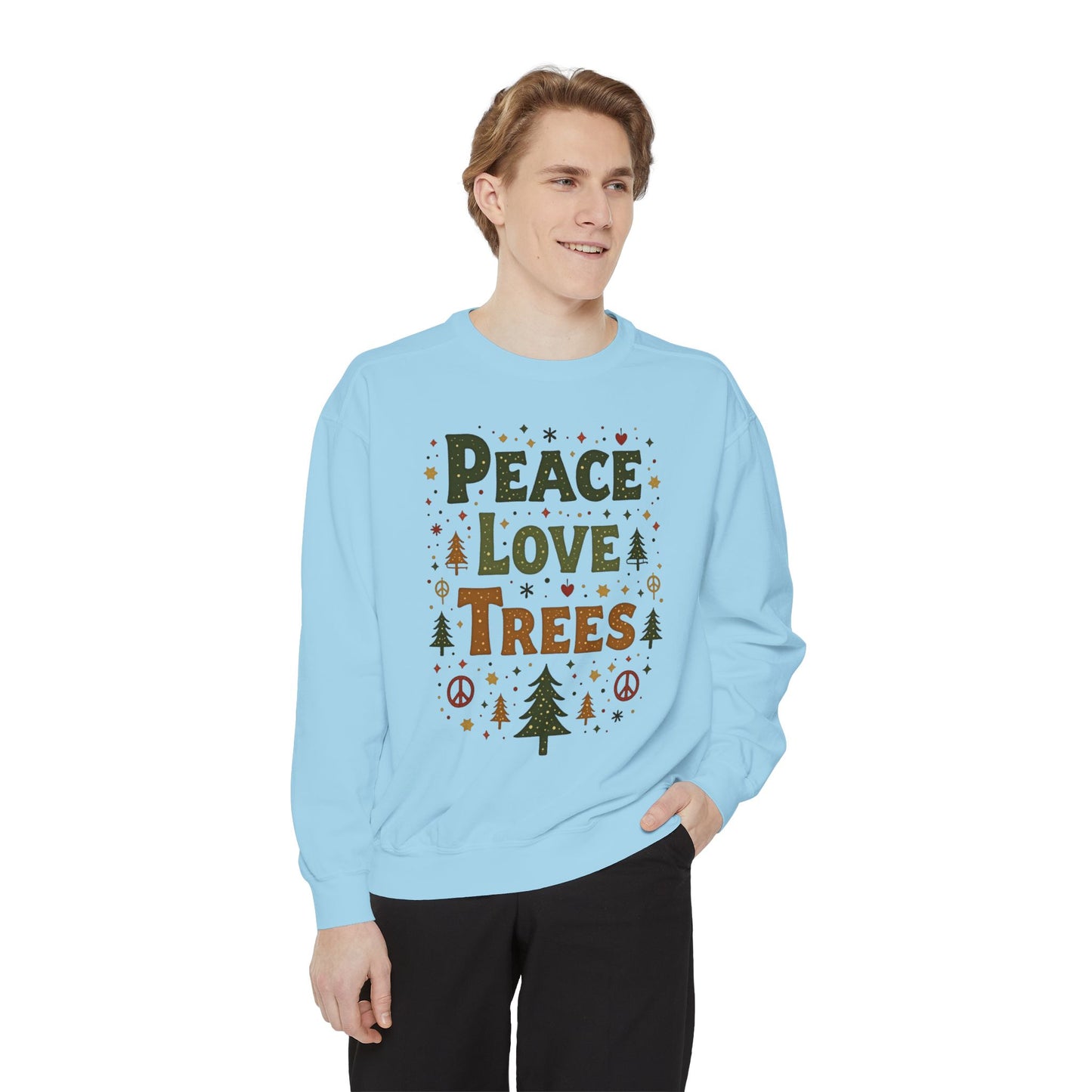 Peace Love Trees Sweatshirt — Eco Holiday Tree Graphic Sweatshirt